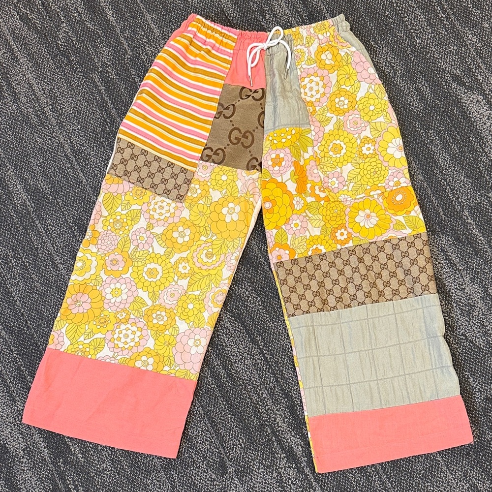 Gucci Floral Patchwork Cropped Wide-Leg Pants in Yellow & Pink